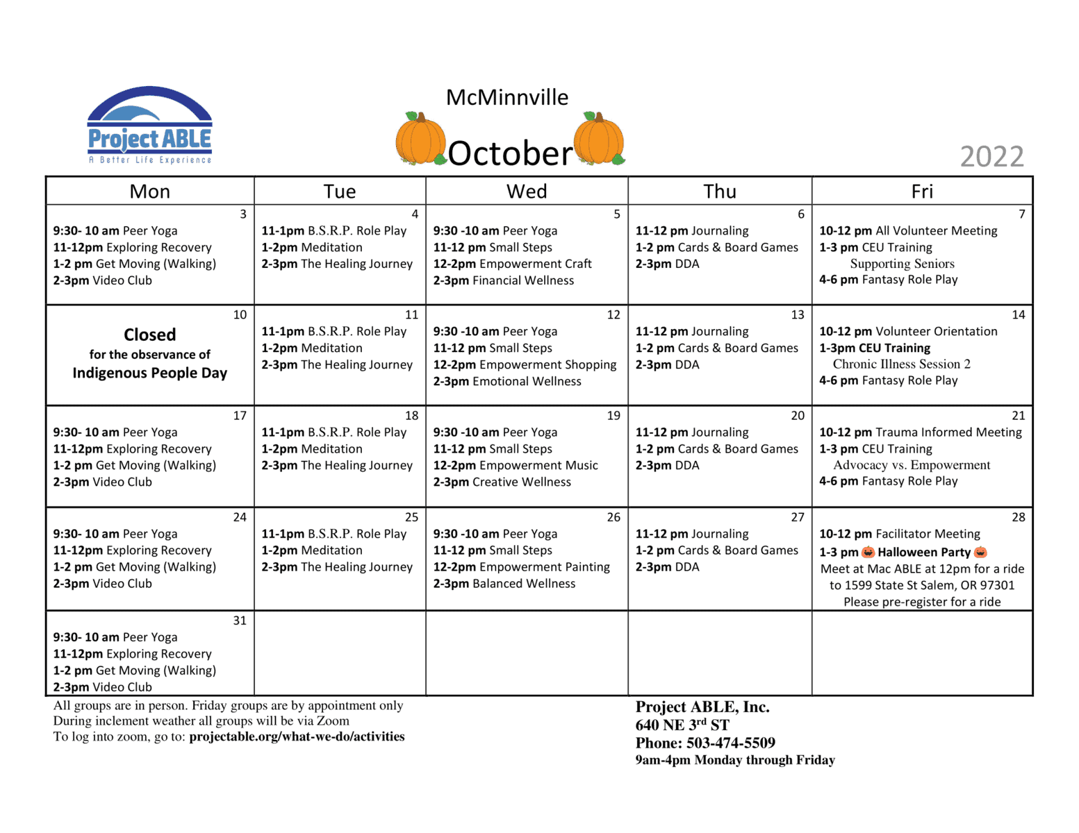 McMinnville Activities Calendar Project ABLE