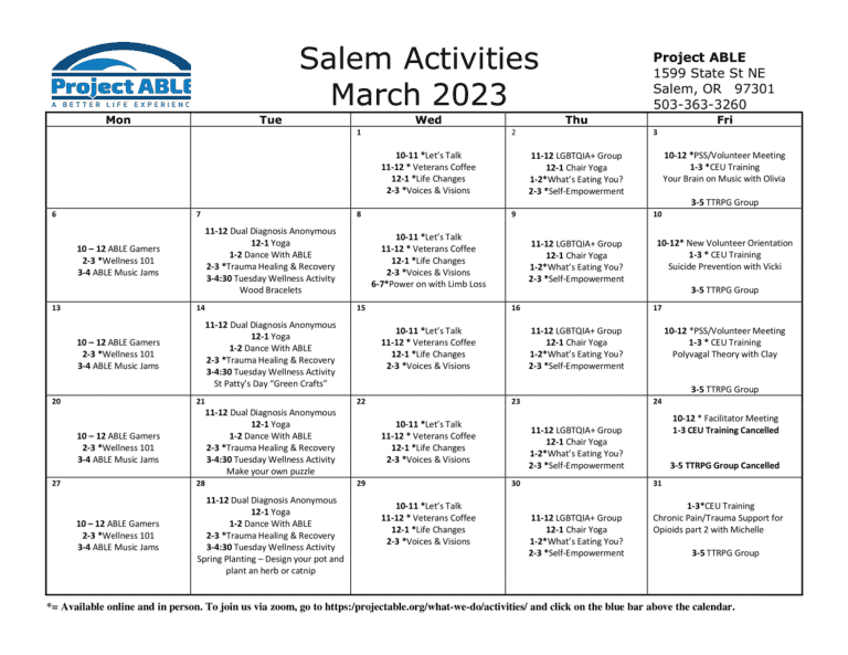 Salem Activities Calendar Project ABLE
