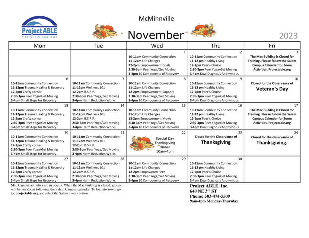 McMinnville Activities Calendar Project ABLE