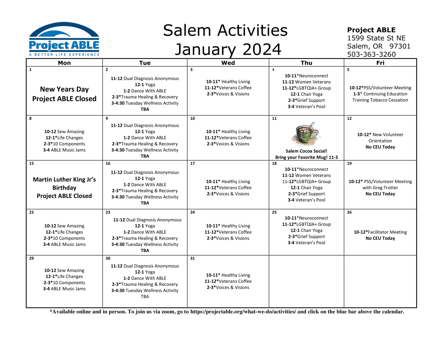 Salem Activities Calendar Project ABLE